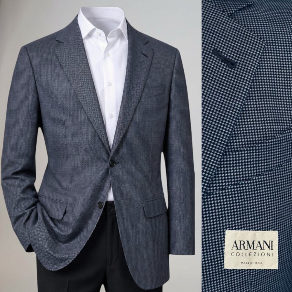Armani Collezioni 42R Navy Blue & Cream Micro-Houndstooth Designer Blazer Italy - Picture 1 of 16